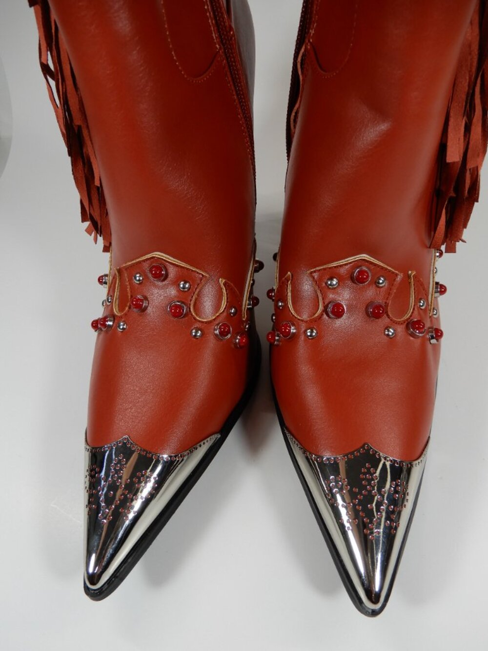 AZALEA WANG Pelagiana Boots Red Fringe Rhinestone Western Stiletto Heels NEW - Picture 7 of 8